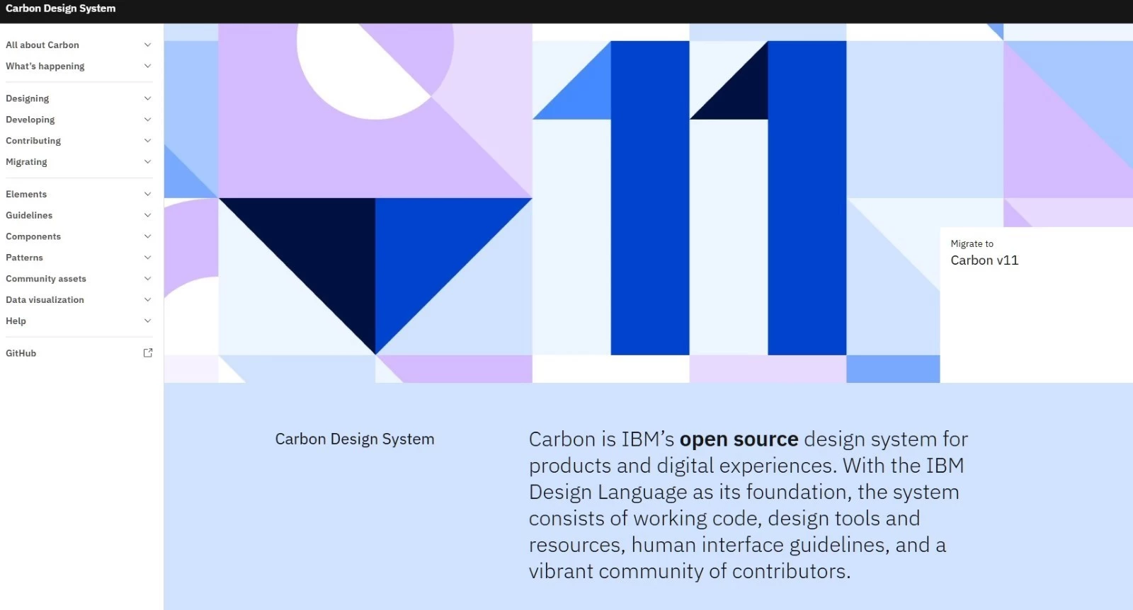Home page of UI patterns library Carbon Design System