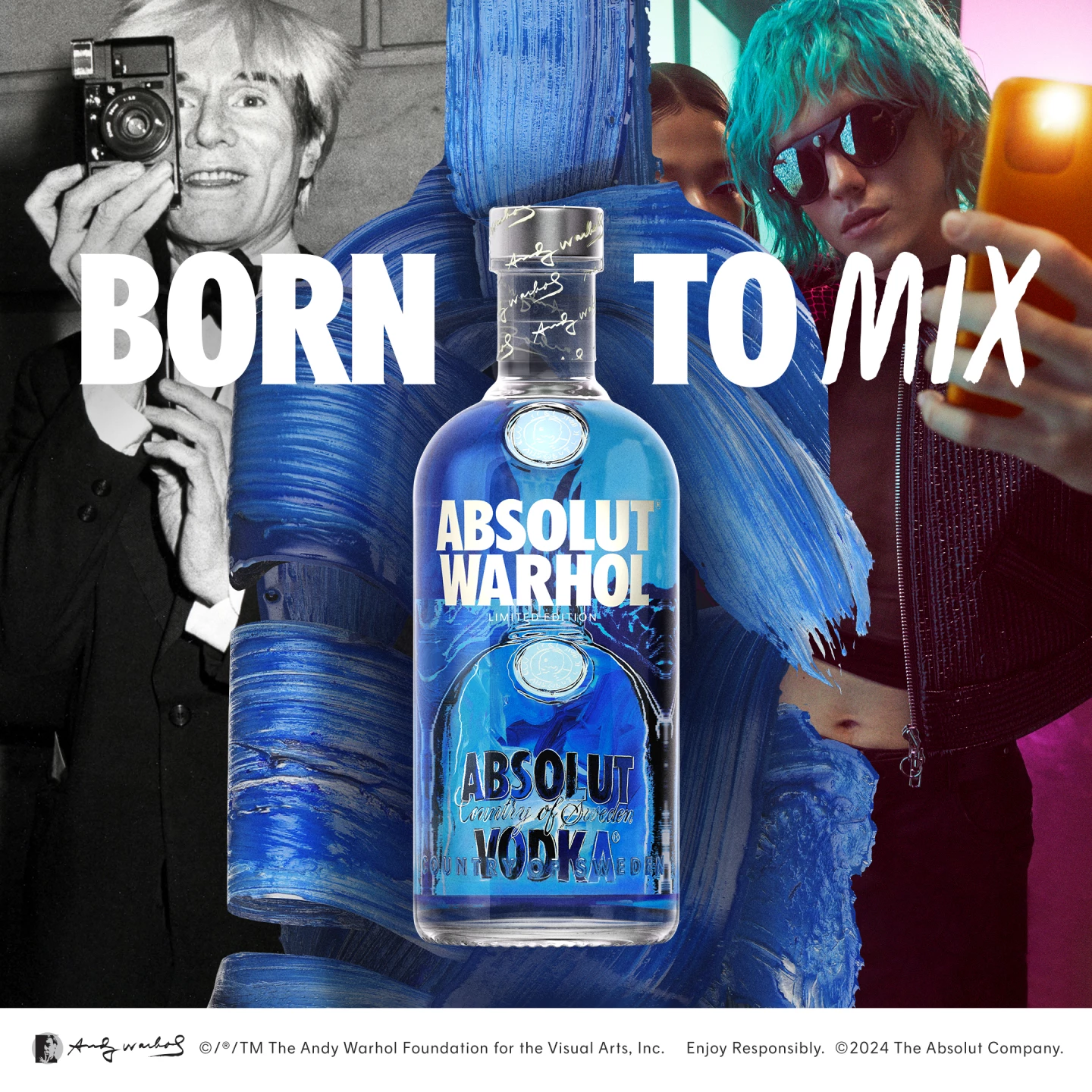 The Absolut Warhol bottle design is shown with the artist himself and the modern version from the spot.