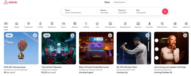 Home page of Airbnb