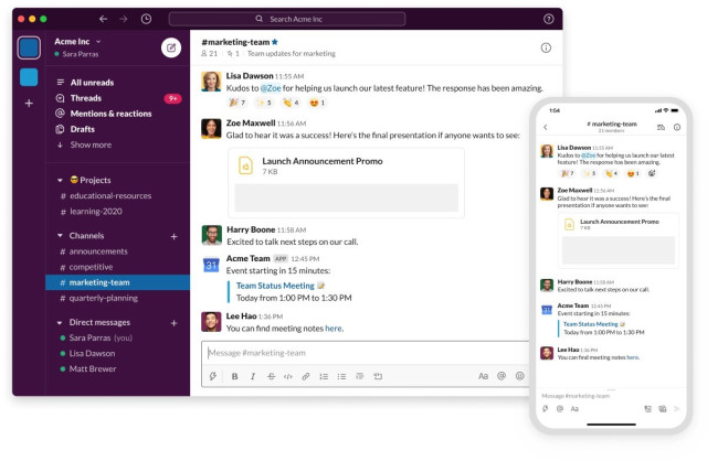 Organized chat channels of Slack