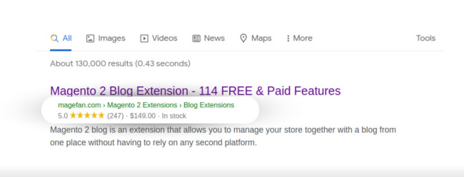 Magento SEO Rich Snippets lets you add reviews, rating, and price