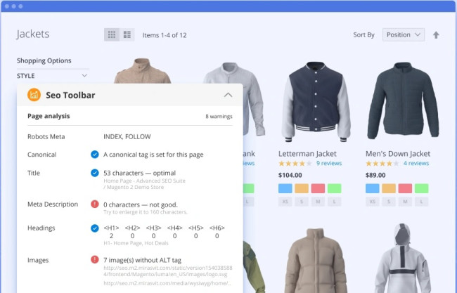 Magento SEO Toolkit by Amasty has a handy toolbar for monitoring SEO effectiveness