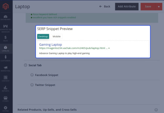 Magento 2 SEO Extension by Webkul lets you preview your SERP snippet