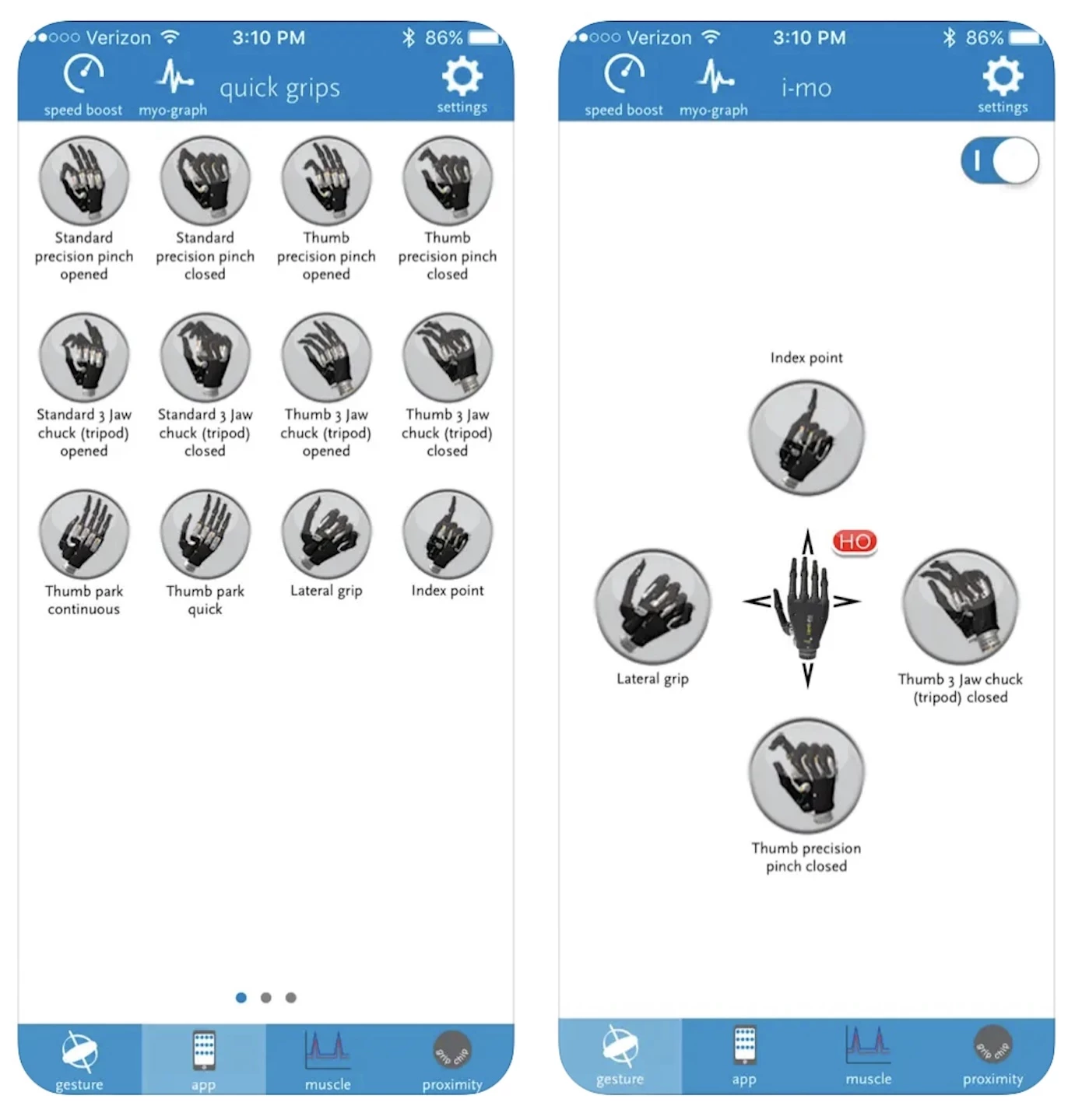 A screenshot of the my i-limb app for iPhone by Össur