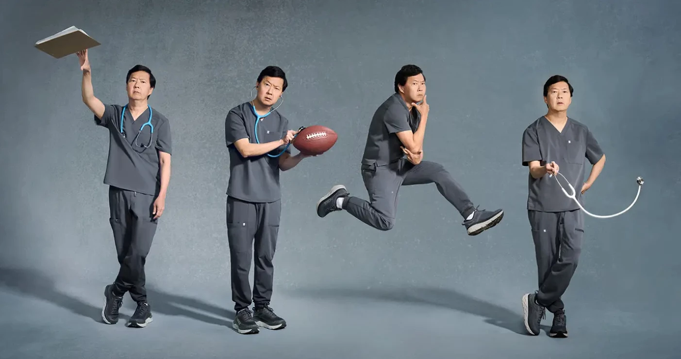 Ken Jeong models Fabletics scrubs on the brand's website.