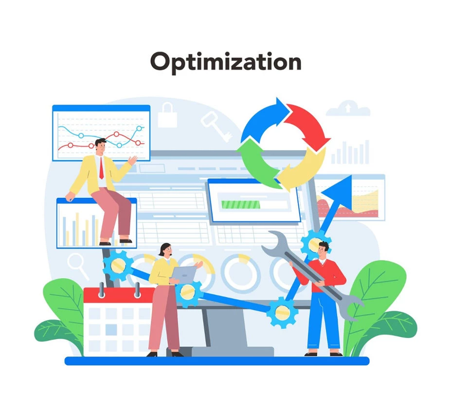 Cartoon graphic labeled “Optimization” illustrating graphs and charts for CRO & SEO Cartoon graphic labeled “Optimization” illustrating graphs and charts for CRO & SEO