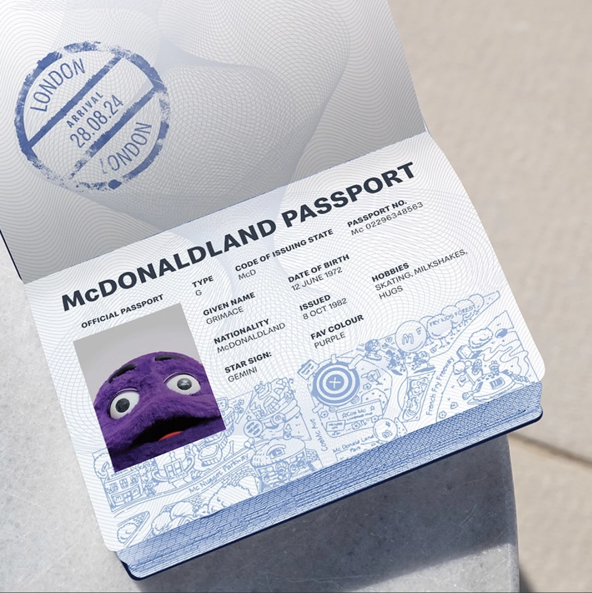 McDonald's UK posted Grimace's McDonaldland passport to show he's in town.