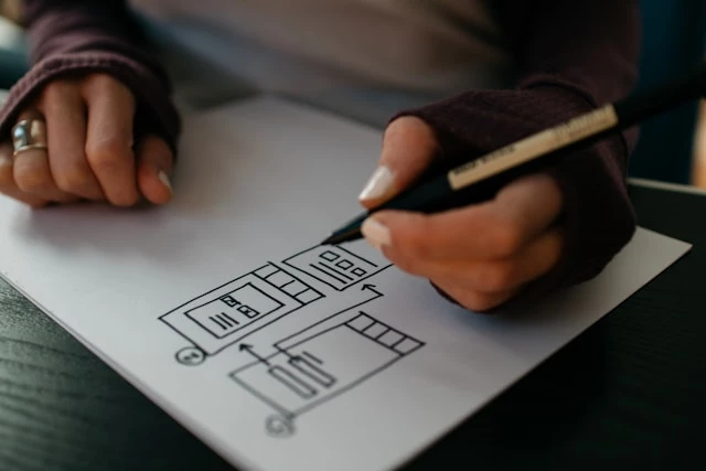 Person sketching a mobile app wireframe Person sketching a mobile app wireframe