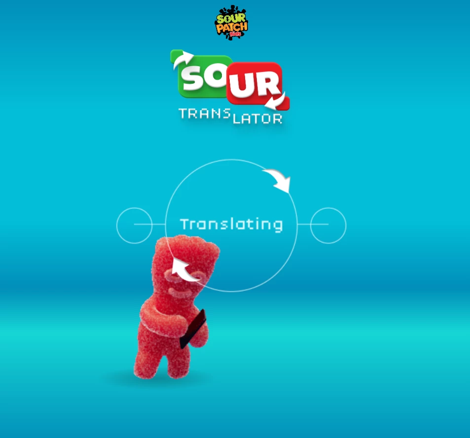 Sour Patch Kid doing translating work