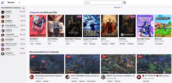 Homepage of Twitch