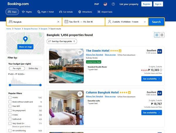 booking-com-showing-filtered-properties Booking.com showing filtered properties