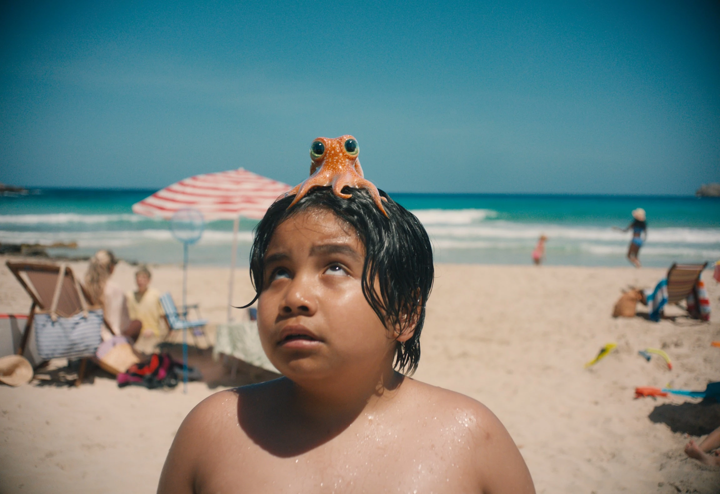 The octopus perched atop his friend's head