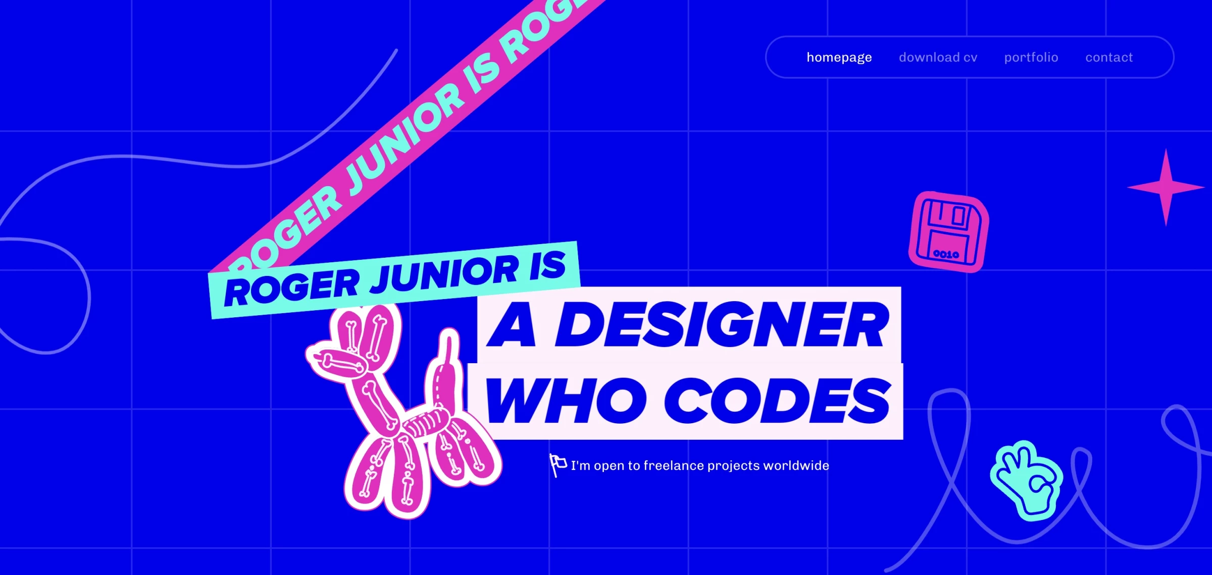 Roger Junior's website features engaging visuals and dynamic animations