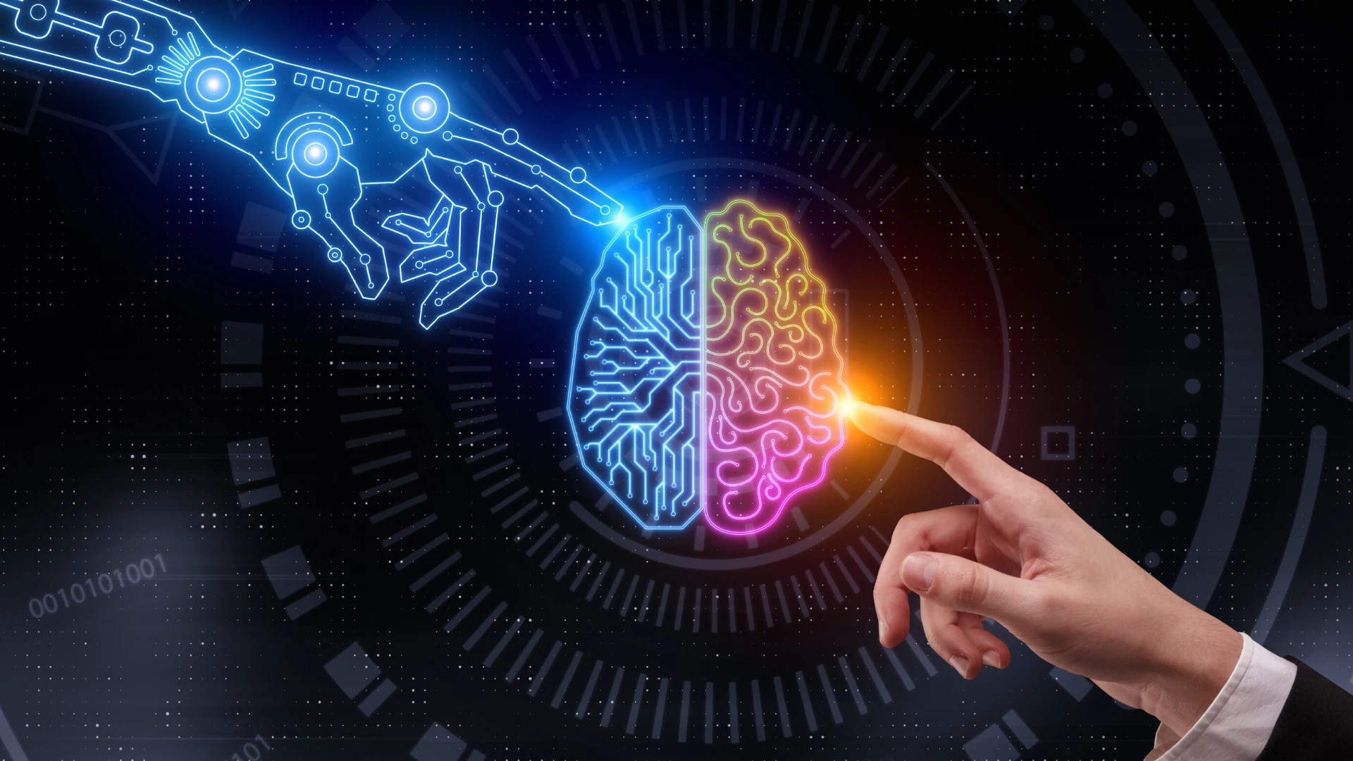 Hand pointing at glowing digital brain
