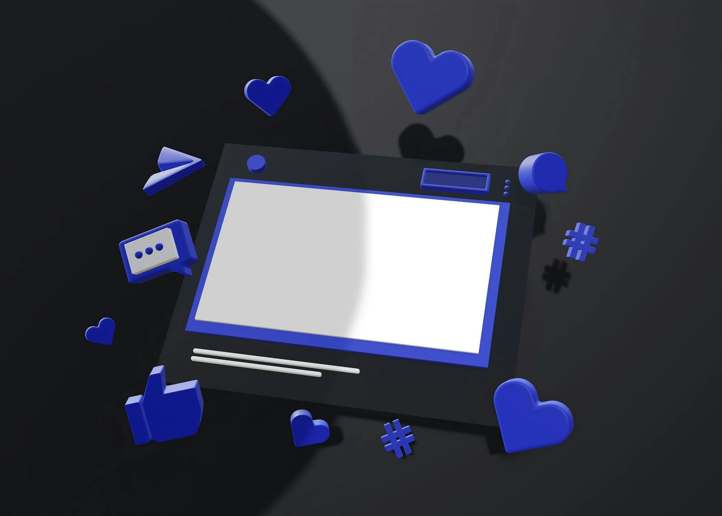 A 3D illustration of a digital interface with social media icons, likes, and hashtags