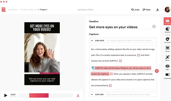 Editing captions on Zubtitle
