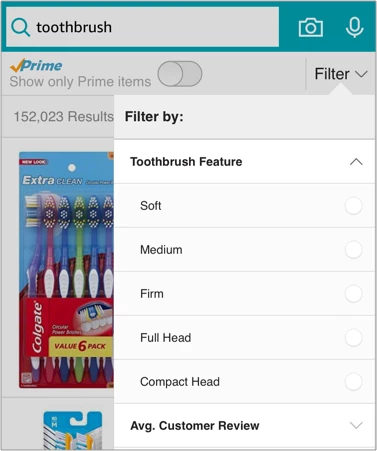 Amazon filtering example of Search Bar UX 