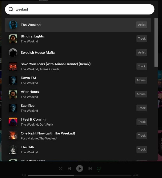 Spotify predictive search example of Search Bar UX 