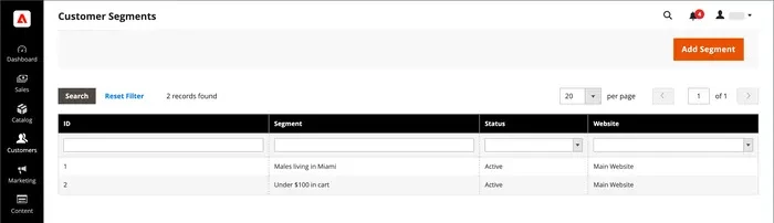 Adobe Commerce's built-in customer segmentation tool