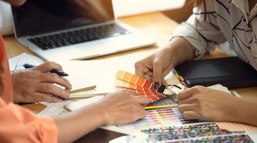 Design team reviewing color swatches