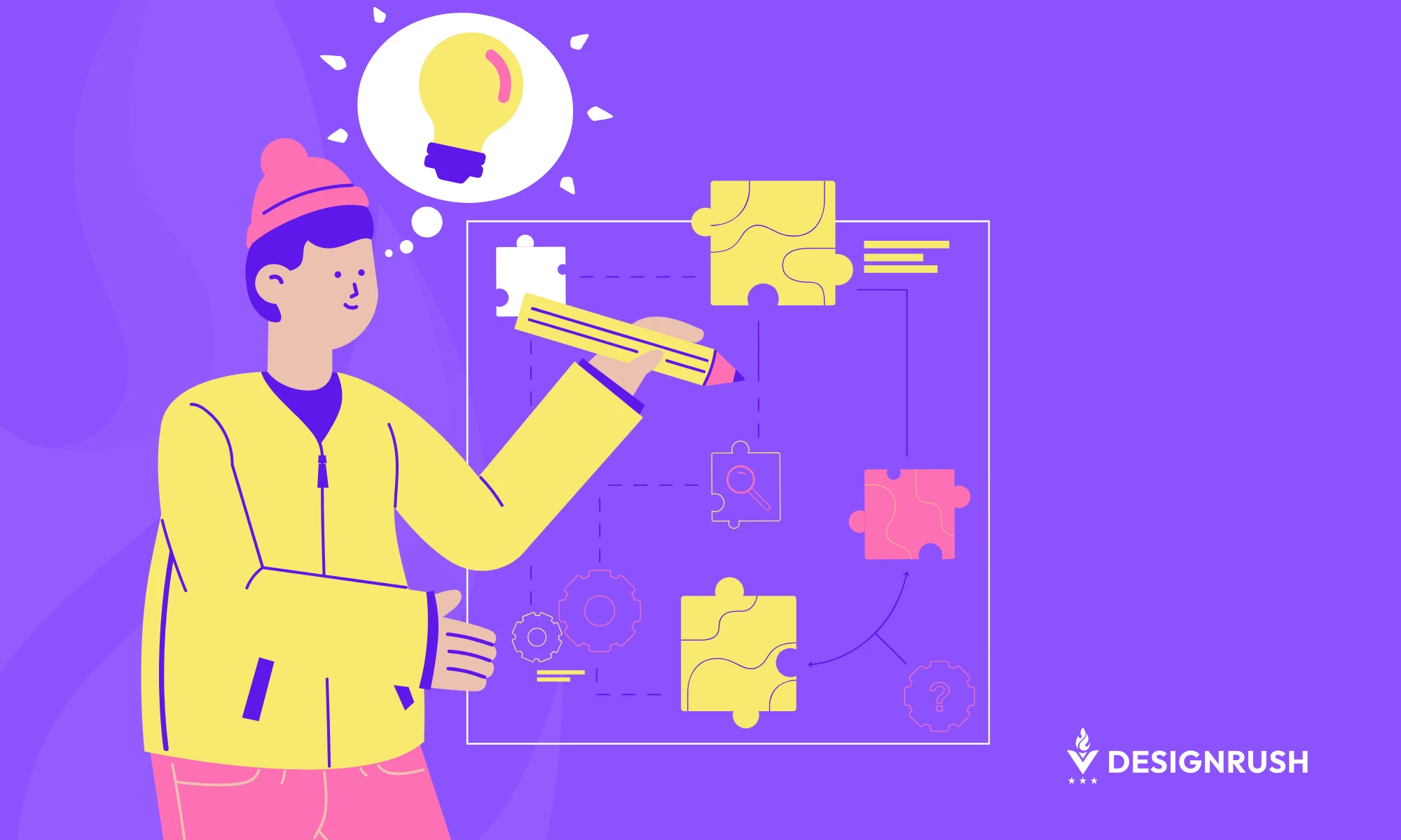 An illustration of a man trying to solve a puzzle to represent solving one problem at a time.