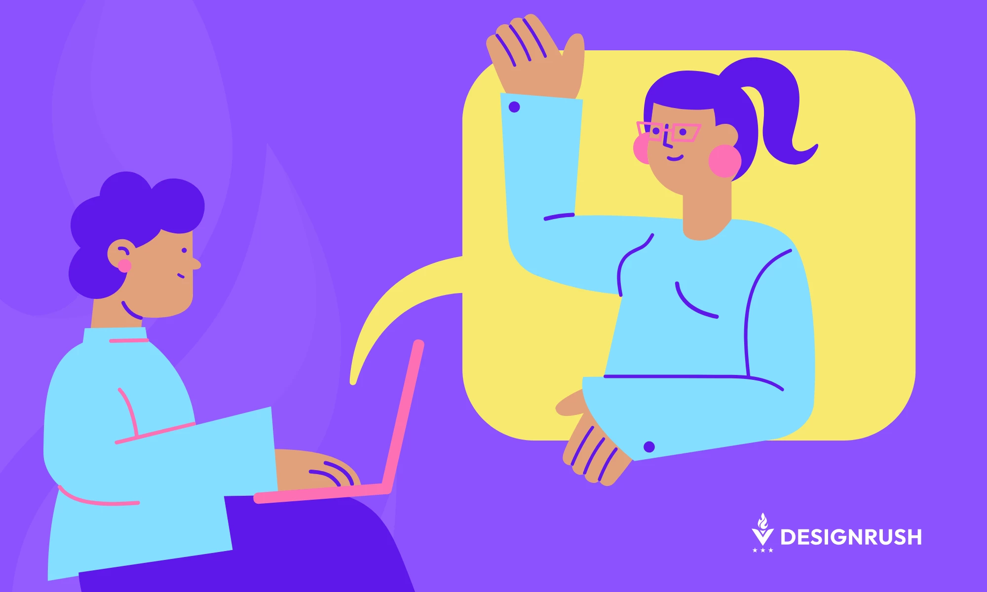 An illustration of two figures where one is typing on a laptop while the other one is superimposed on a talk balloon. This image is made to symbolize feedback.