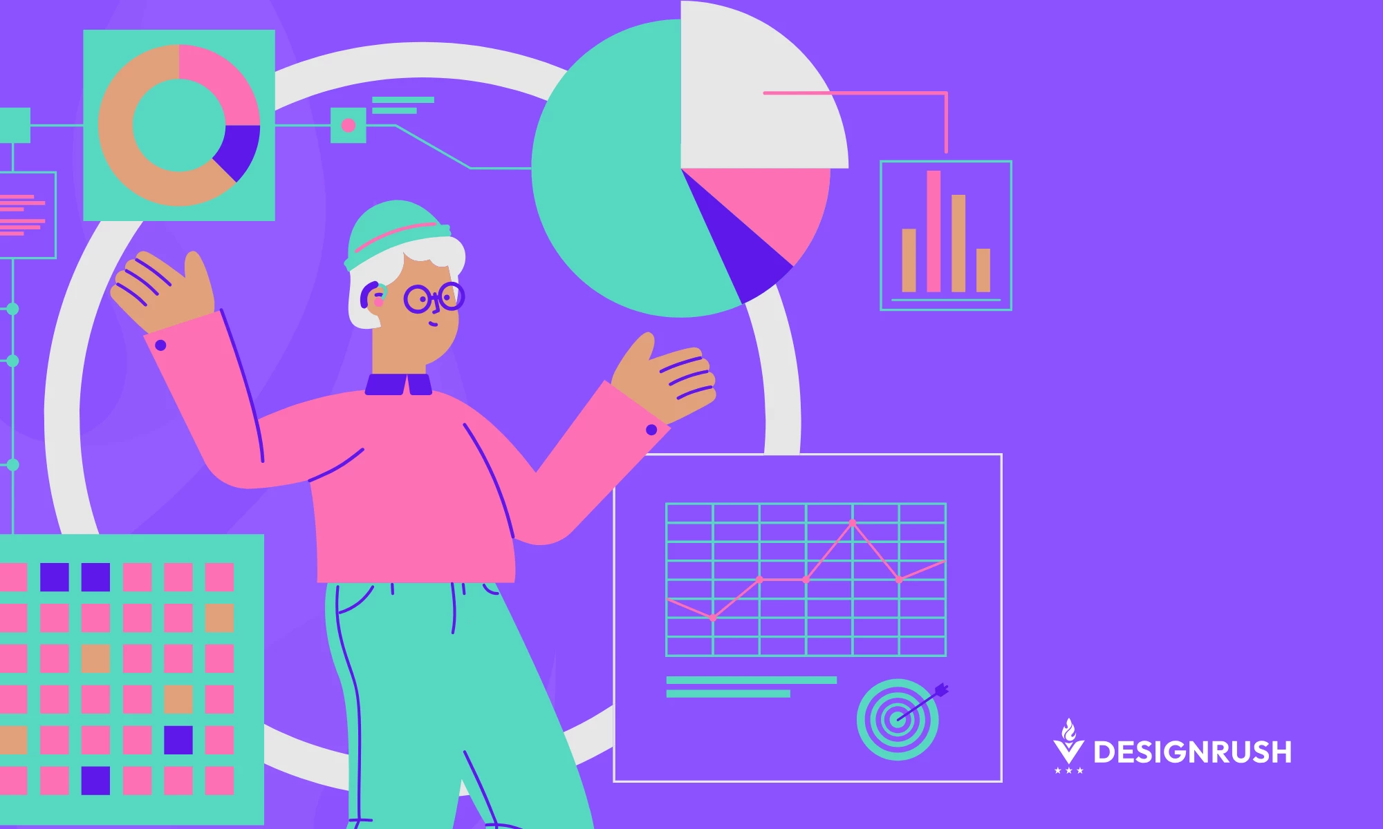 An illustration of a man working with various charts and diagrams to represent the regular documentation of design iterations.