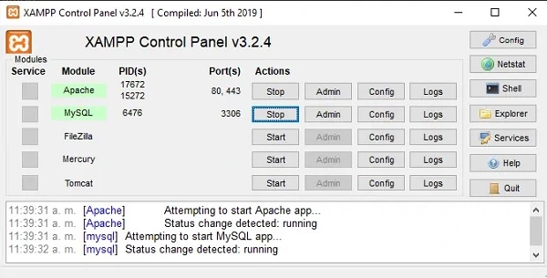 XAMPP control panel