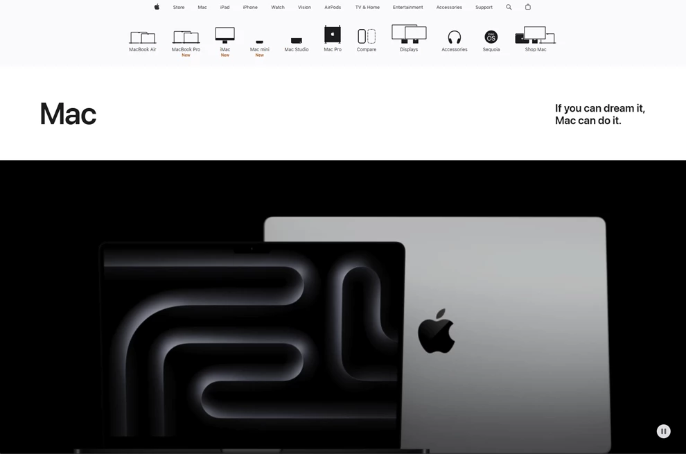 Apple eCommerce website with the word Mac edge-aligned.