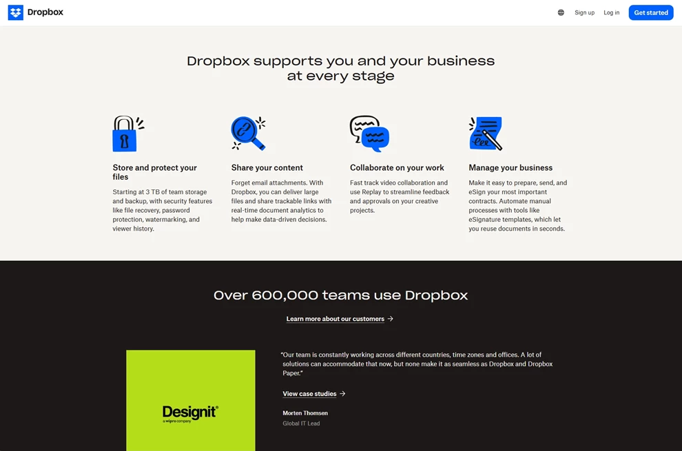 Dropbox home page with center-aligned sections