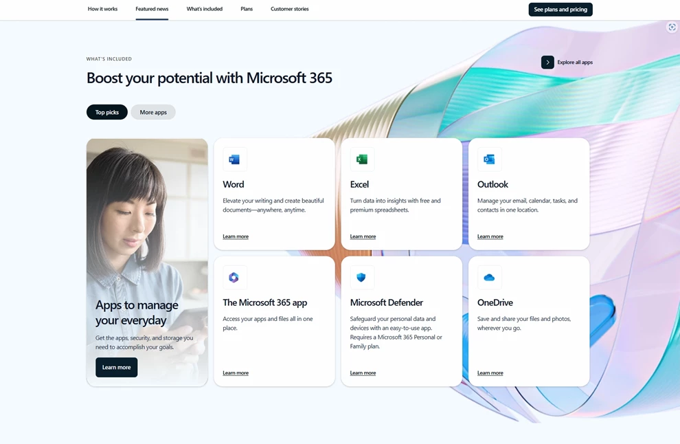 Microsoft 365 page with products arranged in grid-based alignment
