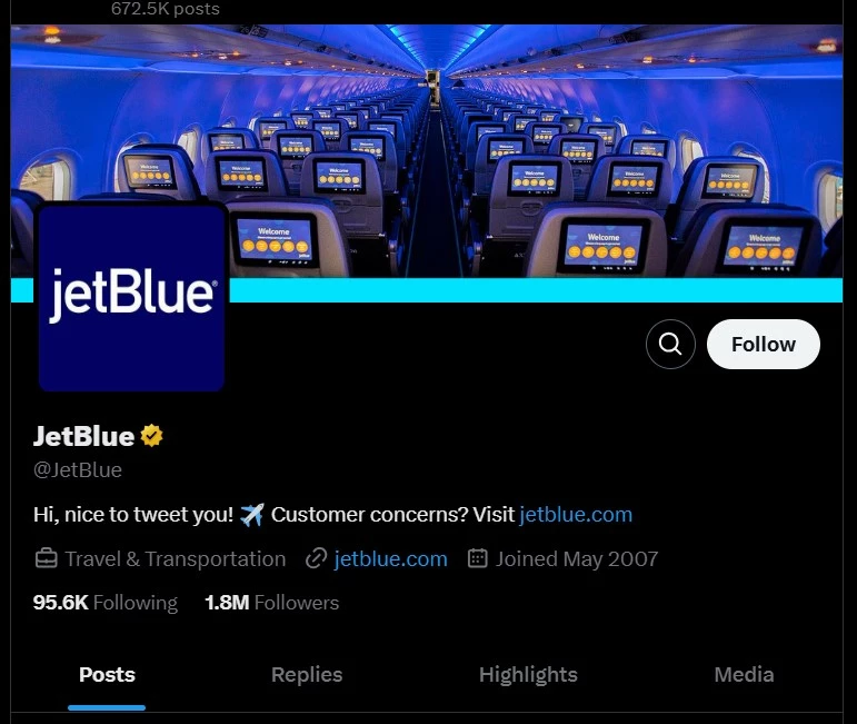 JetBlue page on X