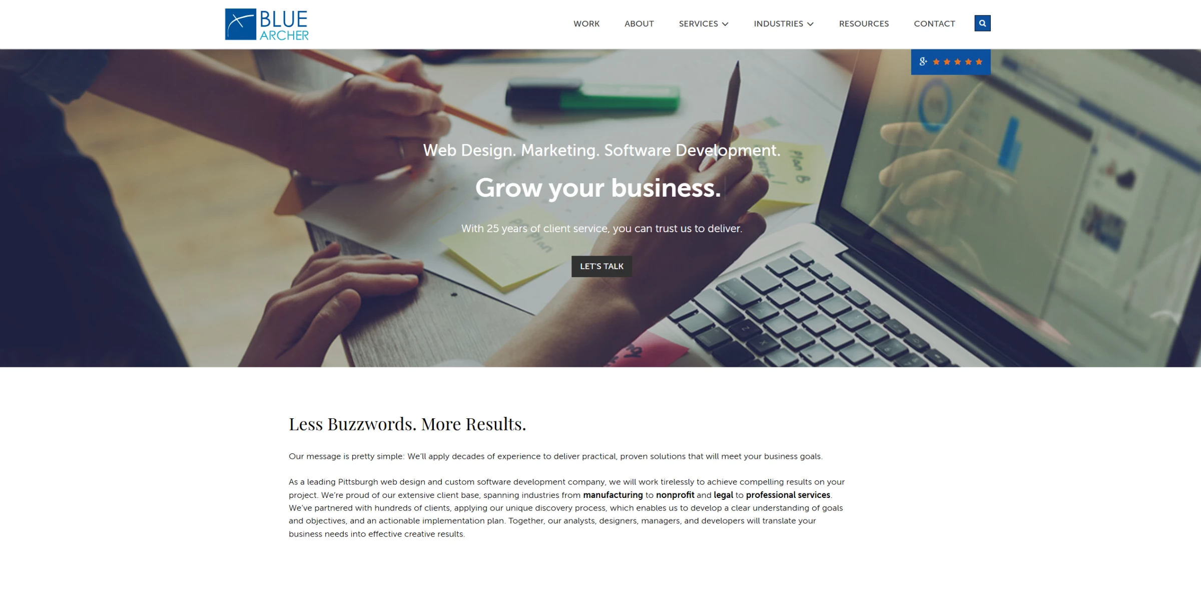 A screenshot of Blue Archer’s homepage