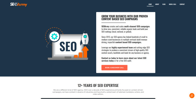 A screenshot of SEOArmy’s homepage