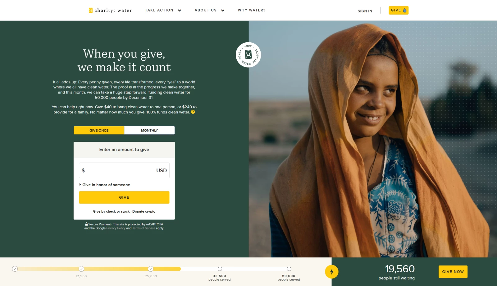 Screenshot of Charity Water’s homepage