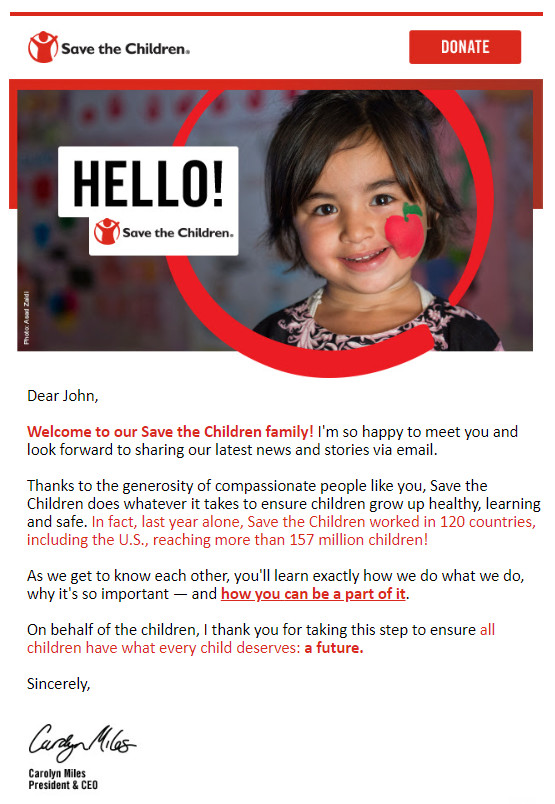 A personalized email from Save the Children