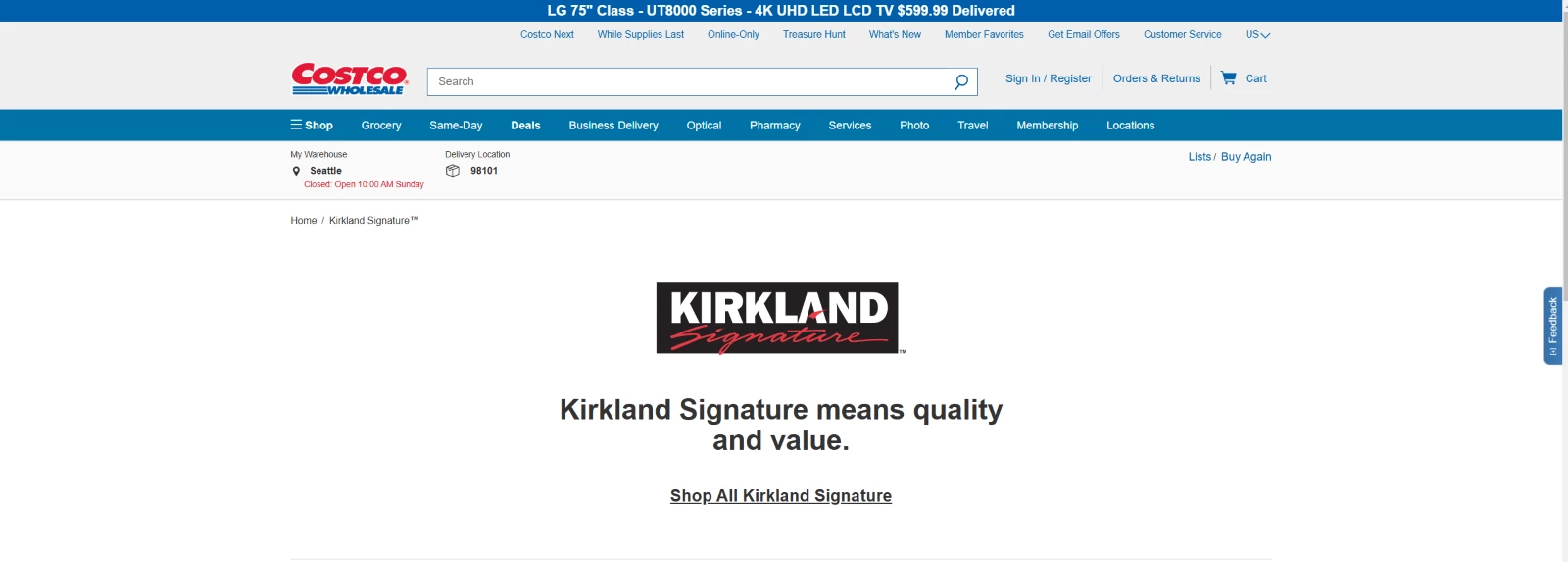 A screenshot of Kirkland’s landing page 