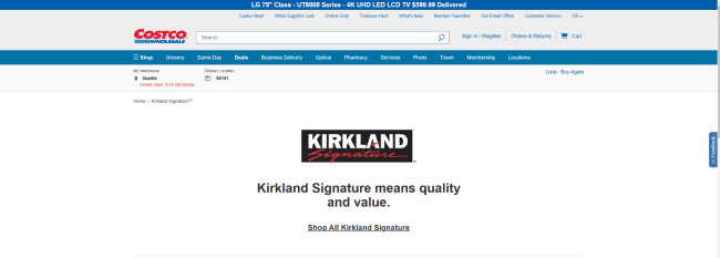 A screenshot of Kirkland’s landing page