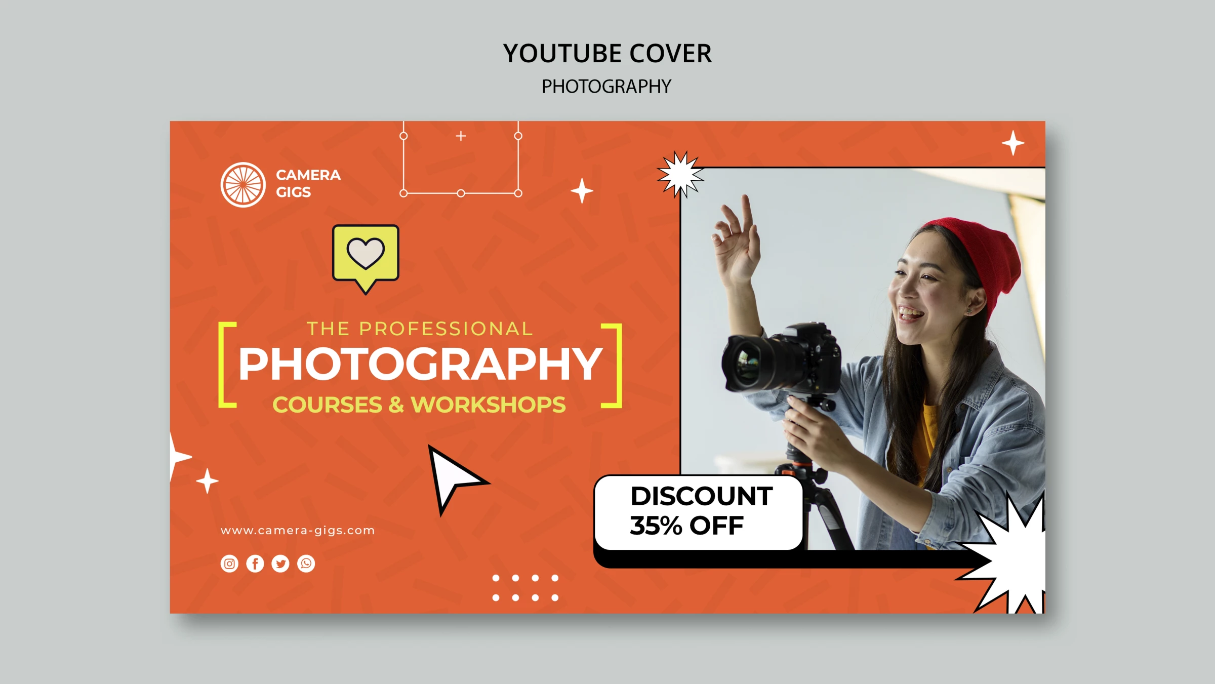 YouTube cover for photography courses with a woman holding a camera and a 35% discount offer.