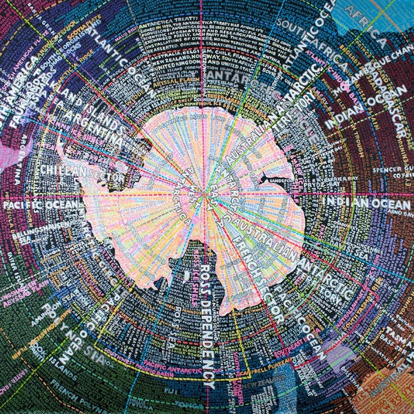 Graphic design of world map by Paula Scher