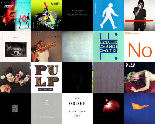 A collection of graphic design album covers by Peter Saville