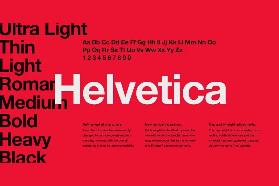 The Helvetica font and font styles created by Max Miedinger on a red background
