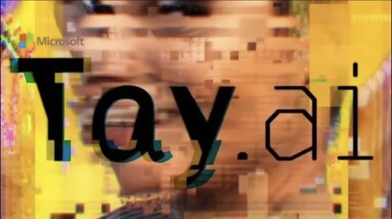 Microsoft Tay AI chatbot logo with glitchy design background