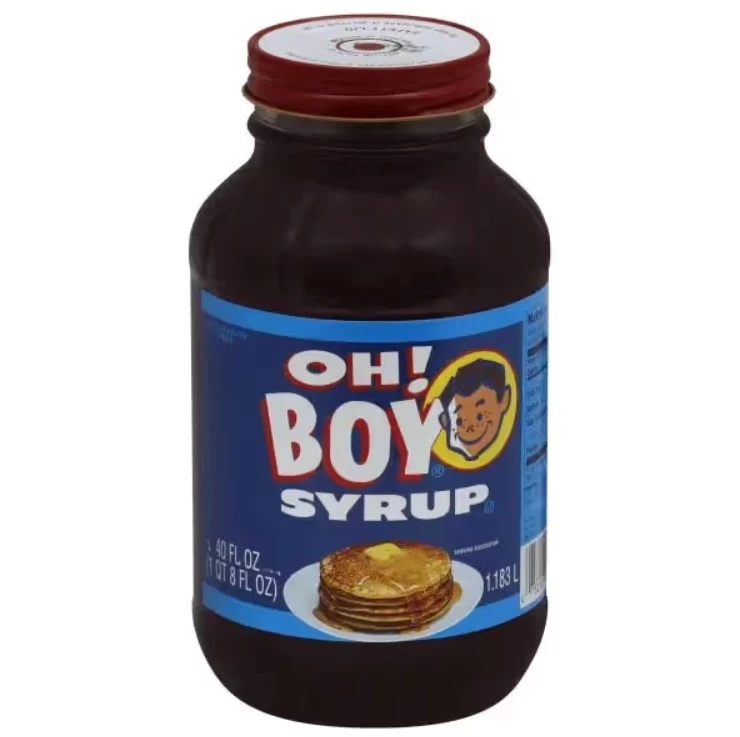 Oh Boy Syrup jar with blue label and pancake image