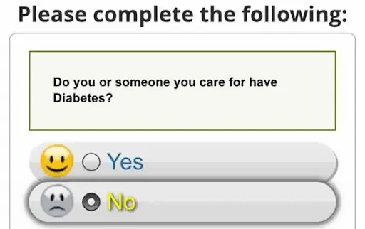 Bad UX diabetes survey with smiley face for yes and sad face for no options