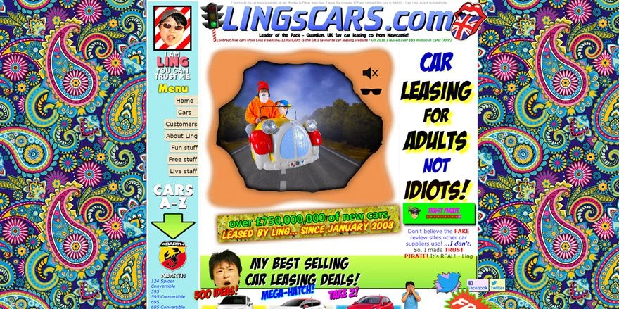Ling's Cars website with colorful graphics example of website design fail