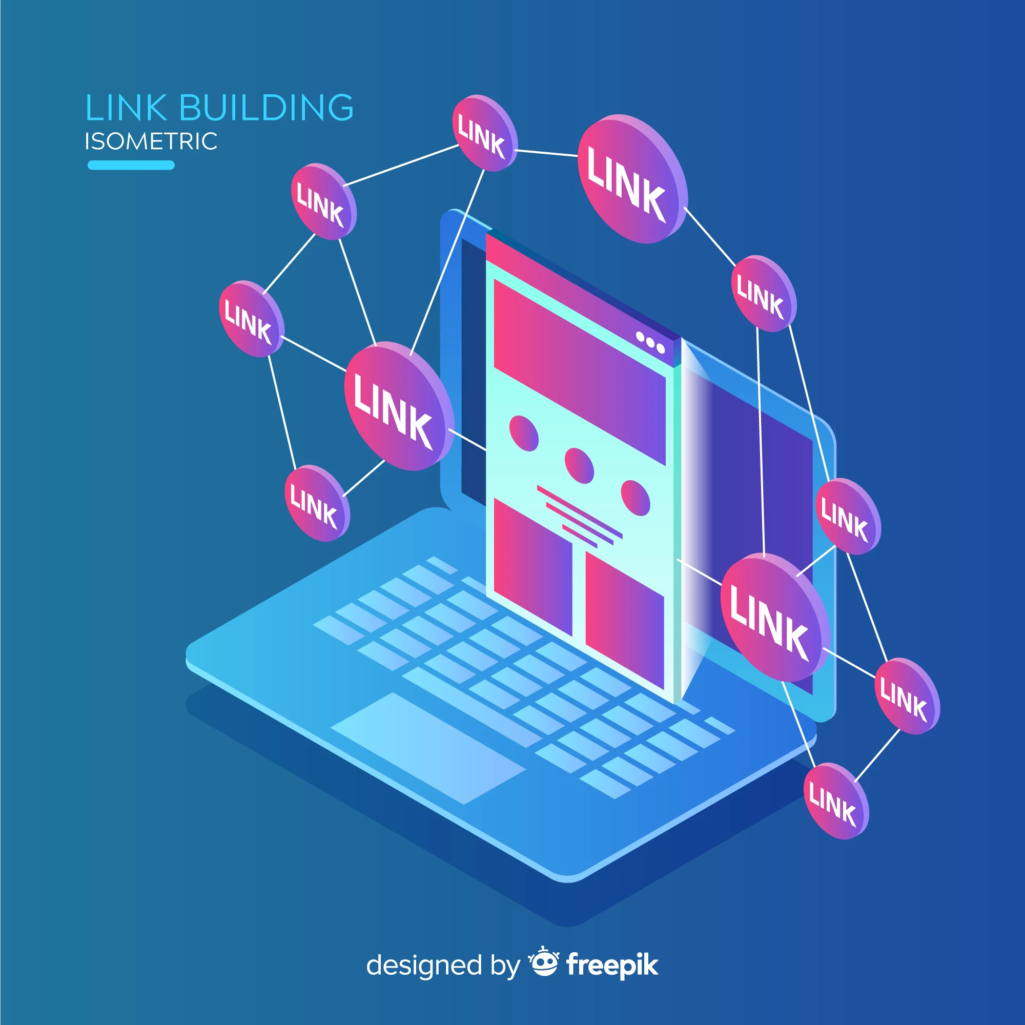 The word “link” written on pink circles surrounding a laptop