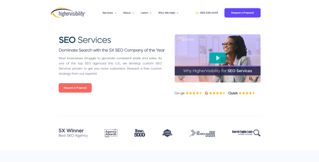 A screenshot of HigherVisibility’s homepage