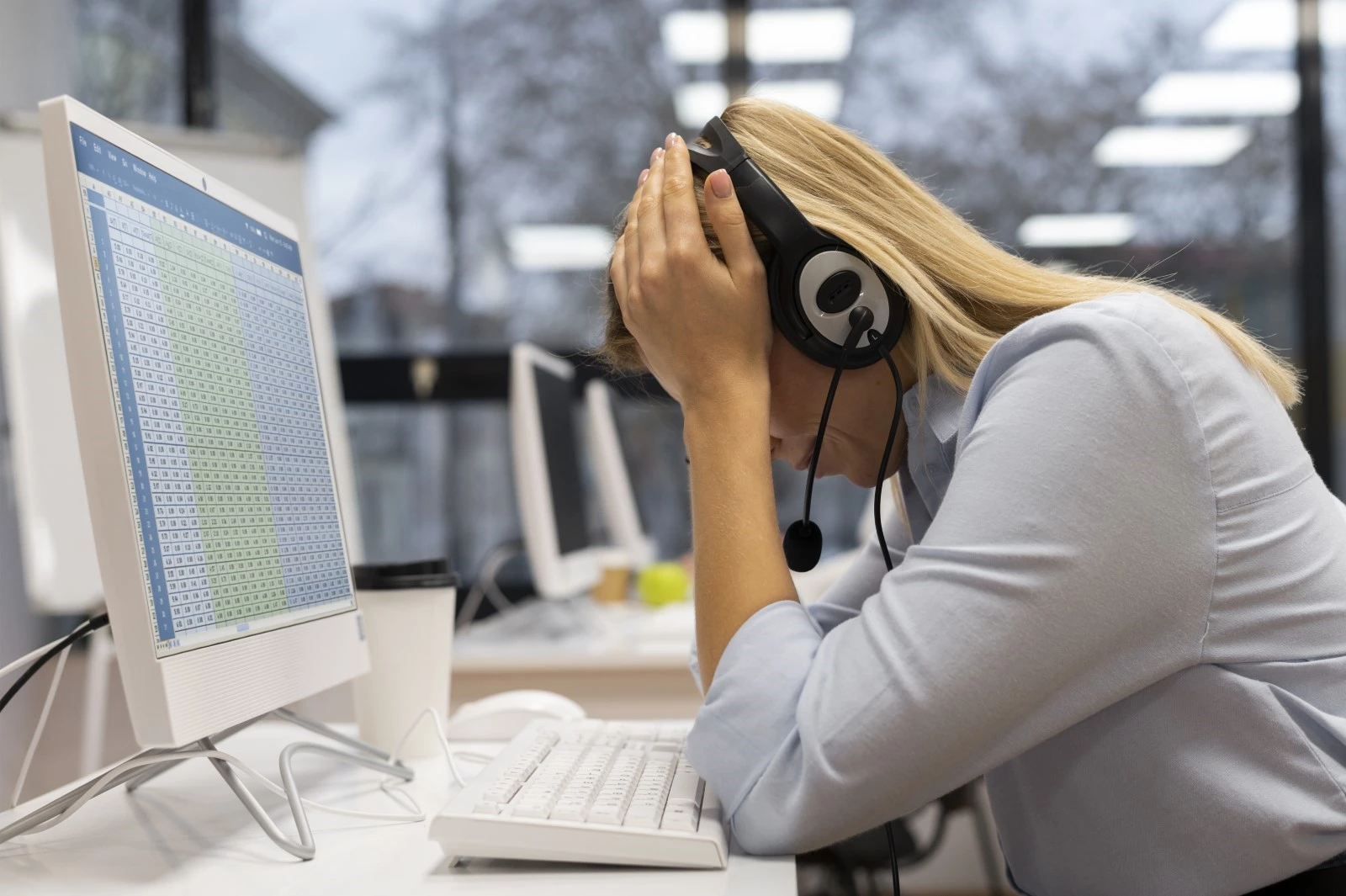 A customer service agent holds her head in frustration.