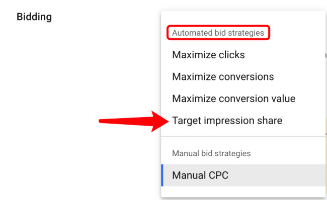 A red arrow pointing at the words ”Target impression share.” 